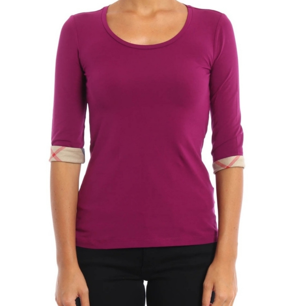 Burberry authentic round neck check sleeve stretch cotton pink T-shirt, …
